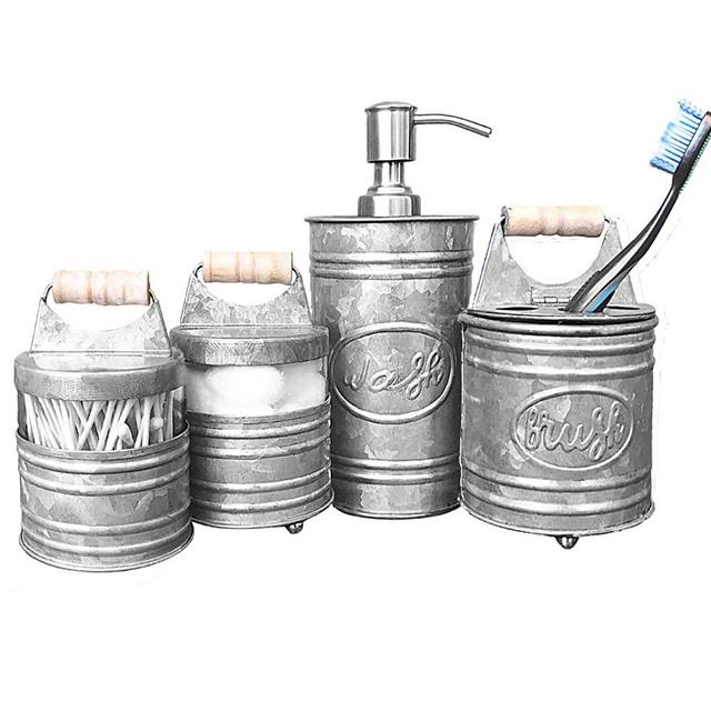 Autumn Alley Rustic Farmhouse Galvanized Bathroom Accessories Set (4 PCS) - Lotion Soap Dispenser, Toothbrush Holder, 2 Apothecary Jars (Qtip Holder) - Rustic Farmhouse Bathroom Decor