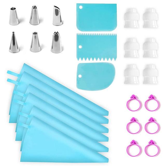 Riccle Reusable Piping Bags and Tips Set - Strong Silicone Icing Bags with Tips - 25 Pcs Cake Decorating Kit of 6 Pastry Bags 12, 14 & 16 Inch - 6 Couplers, 6 Frosting Tips, 6 Bag Ties, Cake Scraper