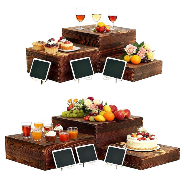 6 Pack Wooden Buffet Risers Rustic Wood Cupcake Stand Catering Supplies Buffet Display with Mini Signs Food Risers for Buffet Table Dessert Display Stand for Home Decor Party Wedding Birthday