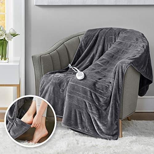 Heated Throw Blanket w/ Foot Pocket Keeps Toes Toasty | UL Certified & Low EMF Radiation | Lower Power Bill & Relieve Sore Muscles/Joints – Tucked Power Cord – 3 Heat Settings, 50x62" Grey