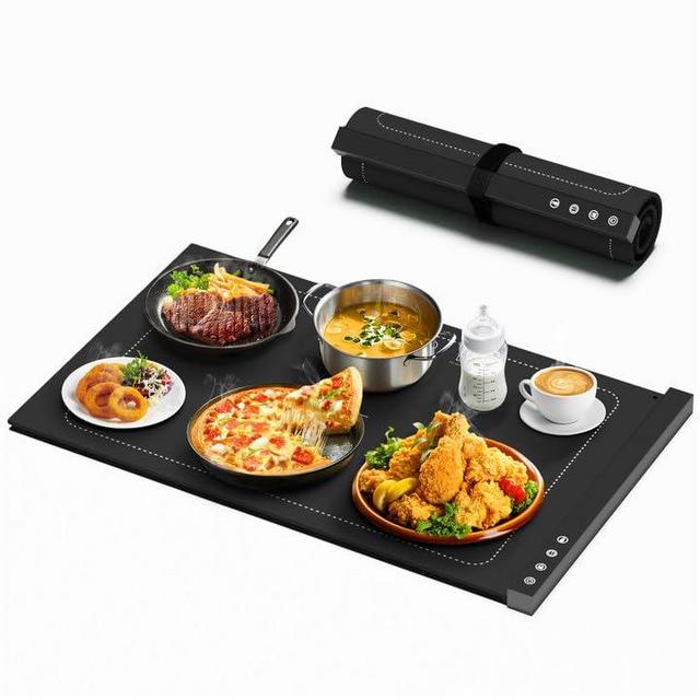 Warming Mat for Food - Full Surface Rapid Heating, Rollable & Portable Food Warmer Mat with 6 Temperature Settings and 1-4 hours adjustable Timer, Silicone Heating Mat for Party Buffet (Black)