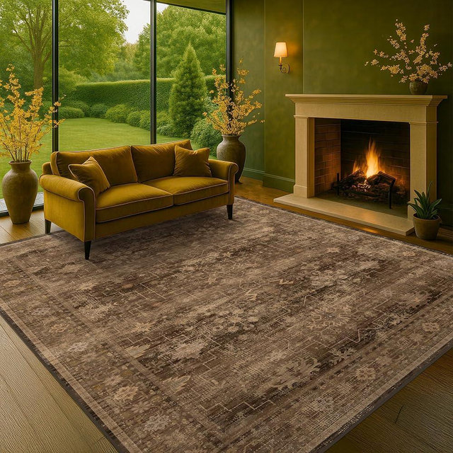 Hazo Haus Boho Brown Living Room Rug 6x8 - Modern Vintage Traditional Oriental Taupe Neutral, Washable Low Pile Non-Slip Extra Large Area Rugs for Dining Under Table Bedroom Lounge