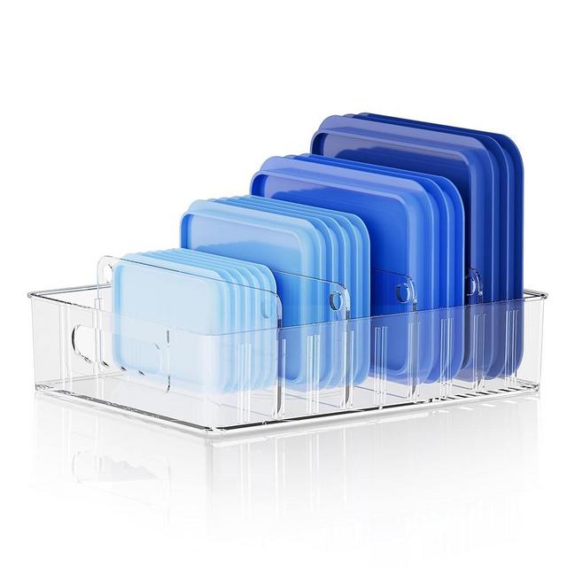 LYNG Lid Organizers Inside Cabinet, Clear Plastic Storage Lid Organizer With 4 Adjustable Dividers, Food Container Lid Organizer For Kitchen Pantry