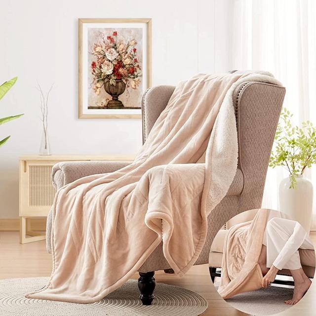 Westinghouse Electric Blanket Heated Throw Blanket with Foot Pocket Ultra Soft and Cozy Flannel to Sherpa, 6 Heating Levels & 2-10 Hours Time Settings, Machine Washable, 50"x62", Beige