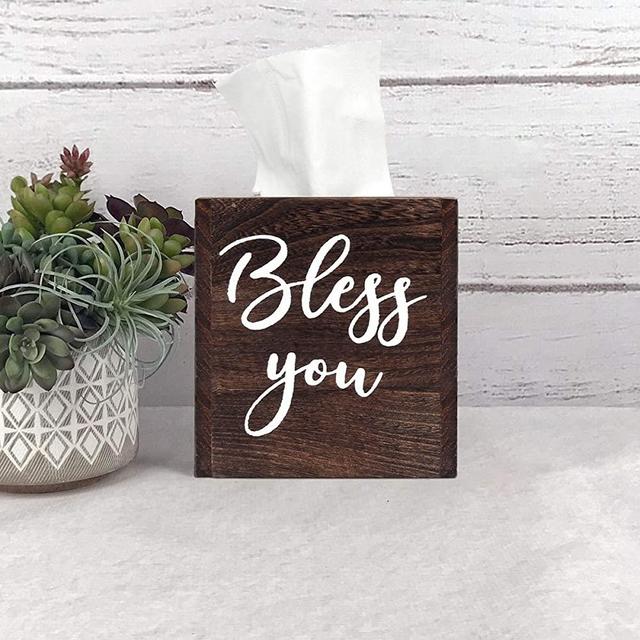 AKKO Wooden Square Tissue Box Cover Bless You Rustic Tissue Holder for Bathroom, Bedroom, Living Room,Vintage Farmhouse Decor