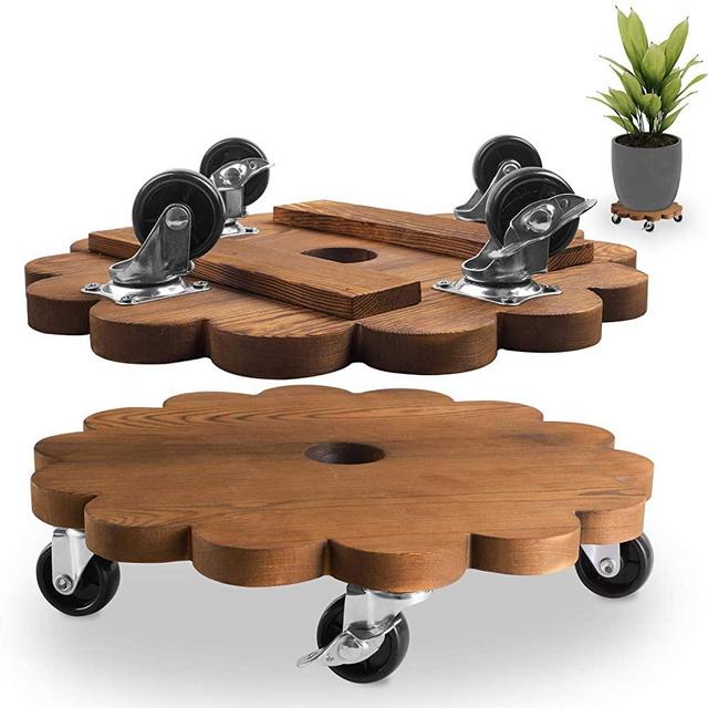 MIXC Plant Caddy, 12 Inch Plant Stand with Wheels, Outdoor Round Wood Rolling Plant Dolly, 2 Pack