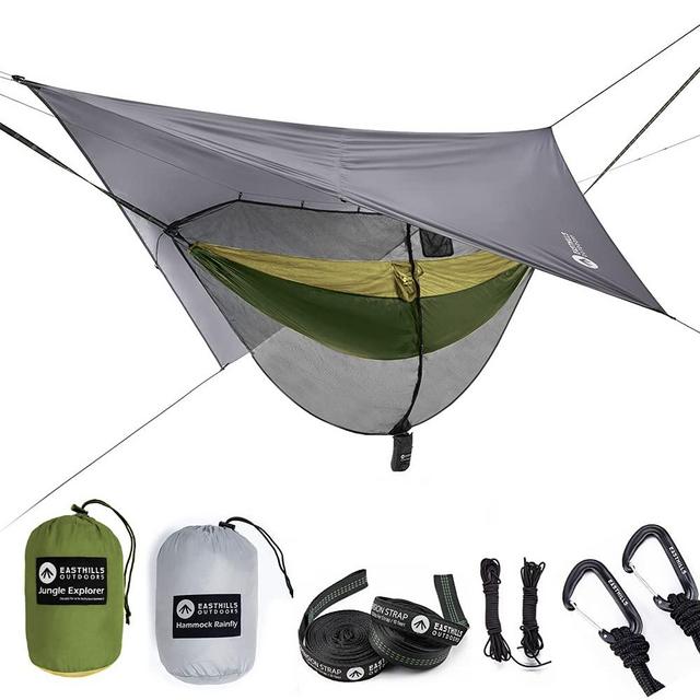Easthills Outdoors Jungle Explorer 118" x 79" Double Camping Hammock with Separated Mosquito Bug Net and Waterproof Rainfly 2 Person Portable Ripstop Parachute Nylon Hammocks Khaki