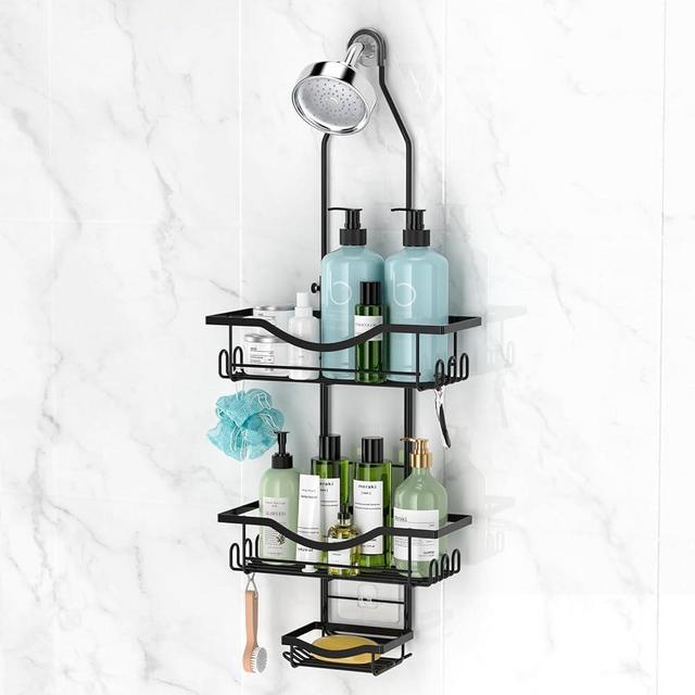 Shower Caddy Hanging Adjustable Shower Caddy, Rustproof Extended Length Shower Caddy Over Shower Head with Hooks Soap Holder, Large Capacity Shower Organizer Anti-Swing Bathroom Organizer, Black
