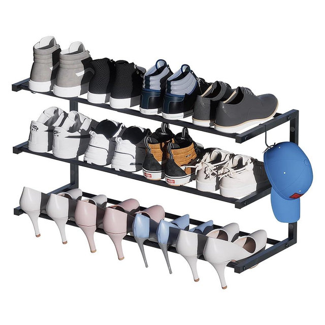 Jchccu Wall Mounted Shoe Rack, 3 Tier Hanging Shoe Rack Holds 12 Pairs, 17"-30" Adjustable Heavy Duty Metal Shoe Organizer Holder with 2 Storage Hooks, Space Saving for Closet Entryway Doorway（Black