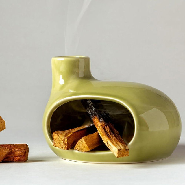 MOUGIGI Palo Santo Holder Burner - Modern Chiminea Incense Dish for Palo Santo Sticks and Cones - Ceramic Meditation Gift with Natural Polished Surface - Perfect for Yoga, Aromatherapy