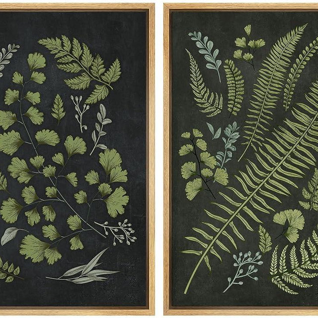 Ashbrook Framed Canvas Print Wall Art Set Midnight Ferns Elegant Green Botanical Illustrations Modern Art Decorative for Living Room, Bedroom, Office - 16"x24"x2 Natural