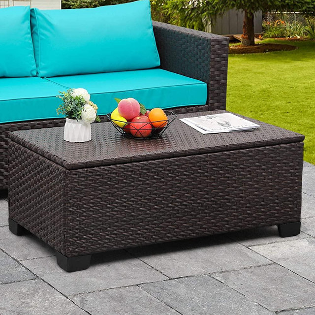 Rattaner Outdoor Storage Table, Wicker Patio Coffee Table and Rattan Side Table with PP Board, Brown