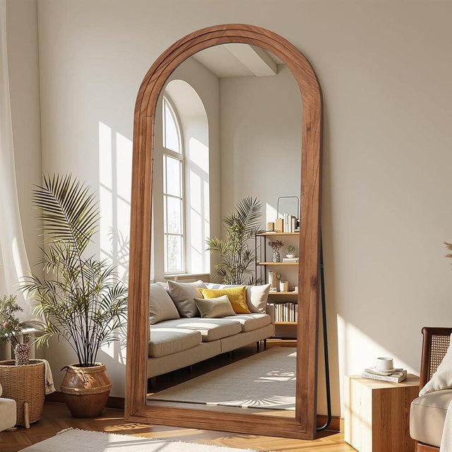 Antok Floor Mirror, 76"×34" Wood Full Length Mirror Wooden Full Body Mirror with Stand, Hanging Mounted for Living Room Cloakroom, Brown, Arched Style