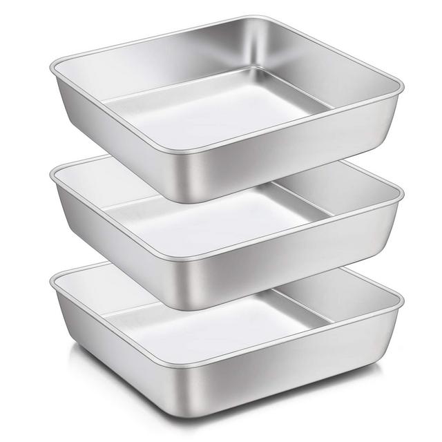8 x 8-Inch Baking Pan, E-far Square Cake Brownie Baking Pans Stainless Steel Bakeware Set of 3, Fits in Small Toaster Oven, Non-toxic & Dishwasher Safe