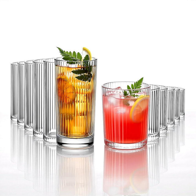 GY SoftGleam 12PCS Ribbed Drinking Glasses - 6 Highball Glasses 8oz， 6 Rocks Glass Cups 11oz， Ribbed Cocktail Glasses, Ideal for Wine, Whiskey, Ice Coffee Cup, Water, Juics, Beer, Mixed Drinkware