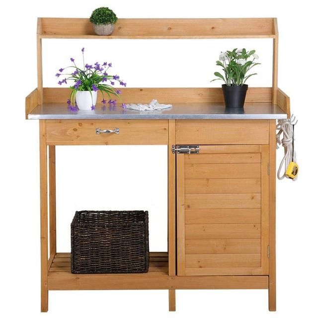 Yaheetech Outdoor Garden Potting Bench Table Work Bench Metal Tabletop W/Cabinet Drawer Open Shelf Natural Wood