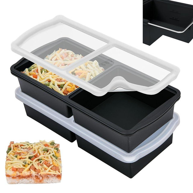 ZIP STANDING Silicone Freezer Trays with Lid,2-cup Soup Freezer Container large Ice Cube Molds with Reinforced Steel Ring Top for freezing Soup Sauce Broth Leftovers oven Dishwasher -Safe (black)