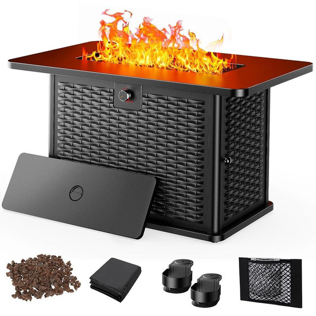 AMADA HOMEFURNISHING 43 Inch Propane Fire Pit Table, 60,000 BTU Gas Fire Pit with Lava Rocks, Waterproof Cover, Removable Lid, Cup Holders, 2-in-1 Fire Table for Patio, Backyard, Garden, Black