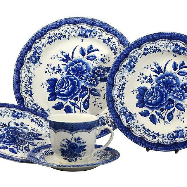 TUDOR ROYAL 30-Piece Premium Quality Round Porcelain Dinnerware Set, Service for 6 - VICTORIA BLUE Design, Blue Floral, Plates Bowls Sausers Mugs, Fine Ceramic Tableware, Unique Pattern, Glossy