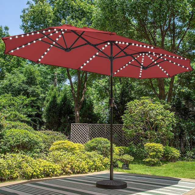 PHI VILLA 13ft Large Patio Umbrella with Solar Lights, Double-Sided Outdoor Market Rectangle Umbrella with 120 PCS LED Lights, Red(No Base)