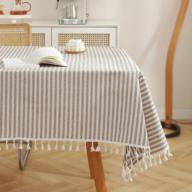 meioro Tablecloth Striped Fringe Table Cloth Rectangular Tablecloths Cotton Blend Table Cover for Dining Coffee Buffet Kitchen Picnic Parties Tables (47 x 63 Inch, Coffee Brown)