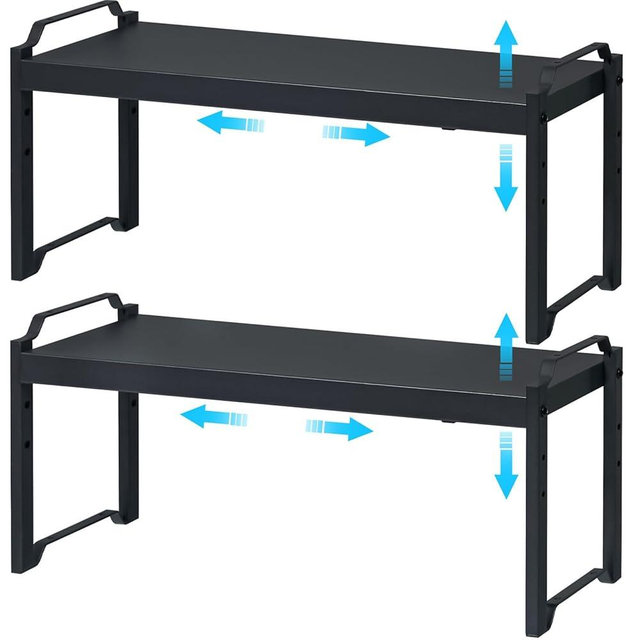 25.5 Inches 2 Pack Expandable Cabinet Shelves, Stackable Shelf Organizer for Kitchen Cabinet Countertop Storage, Adjustable Counter Cupboard Pantry Organizer Shelf Rack Stand Riser, Black