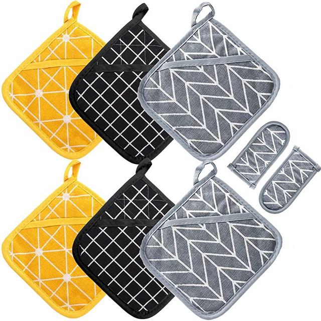 Win Change Heat Resistant Potholders Hot Pads-6 Kitchen Pot Holders Set with 2 Pan Hot Handle Holders Trivet for Cooking and Baking,with Recycled Cotton Infill Terrycloth Lining(Mixed,8 Piece)