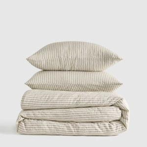Quince European Linen Stripe Duvet Cover Set | in Willowleaf/White Stripe