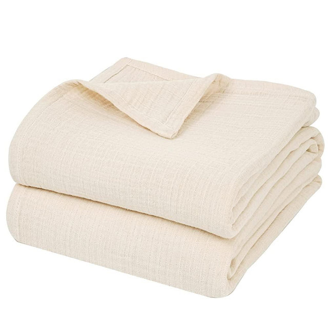 PHF 100% Cotton Muslin Blanket King Size 108" x 90", Yarn Dyed 4 Layers Ultra Soft Lightweight Breathable Blanket, Perfect Blanket Layer for Couch Bed Sofa, Elegant Home Decoration Beige/Linen