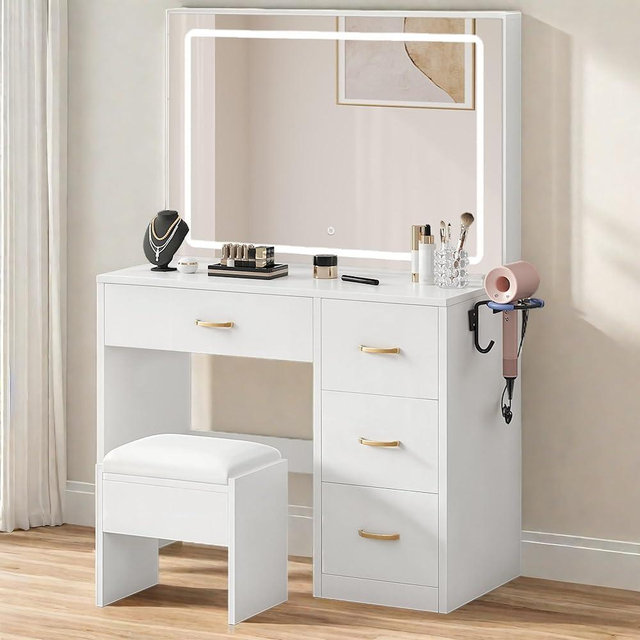 YITAHOME Vanity Desk with Large 35" Mirror and LED Lights, Makeup Vanity Set with 4 Drawers and Stool, Ample Storage & Power Strip, Brightness Adjustable, Dressing Table, Milk White