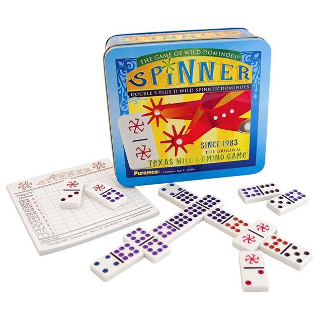 Spinner: The Game of Wild Dominoes, Double 9 Set Plus 11 Wild Spinner Tiles Board Game, Tin Box Carrying Case