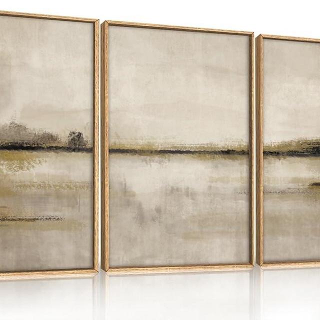 KAIRNE Abstract Mountain Lake Wall Art Set, 3 Piece Textured Canvas Wall Decor, Framed Nordic Neutral Tan Wall Painting, Nature Landscape Art Print for Bedroom, Living Room, Office - 24"x36"x3