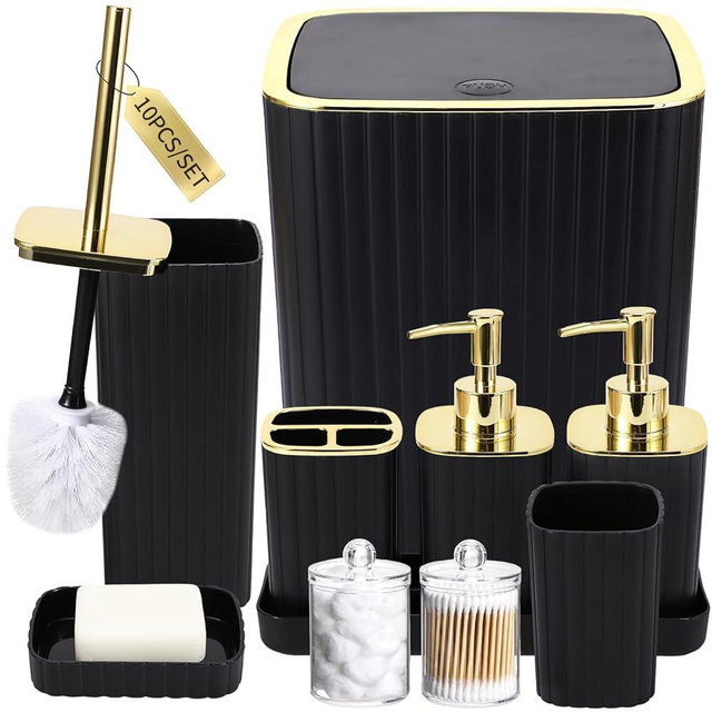 XLHOMO Bathroom Accessories Set - Gorgeous Bathroom Set, 10PC Bathroom Accessory Set, Toilet Brush, Trash Can, Qtip Holder Dispenser & Soap Dispenser