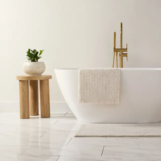 Luxury Cotton Pinstripe Bath Mat, Thick Tufted Bath Rug, Absorbent Non Slip Spa Bathroom Rug, Machine Washable - Becky Cameron, Natural, 24" x 17"