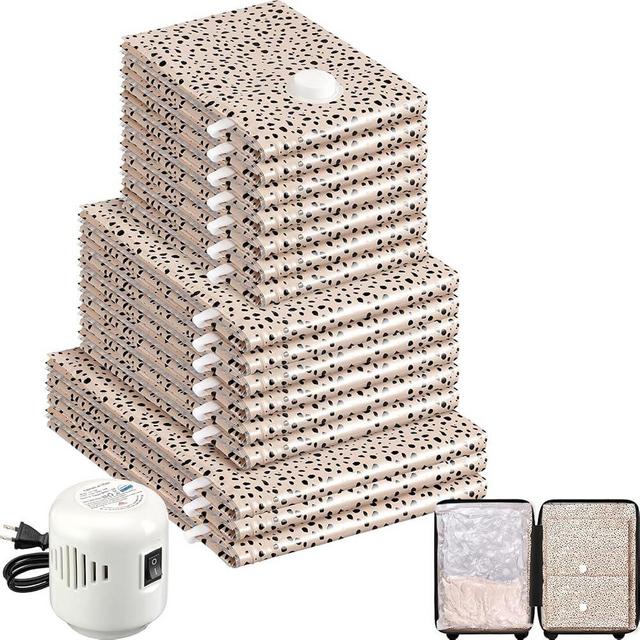 16 Pack Travel Vacuum Storage Bags with Electric Pump, 3 Large + 6 Medium + 7 Small Vacuum Sealer Bags, 80% Space Saver Bags for Luggage, Comforters and Blankets, Travel Essentials(Beige Leopard)