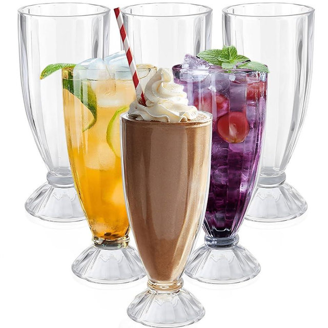 Cheardia 6 Pack Plastic Milkshake Glasses, 15 oz Milkshake Cups Ice Cream Sundae Glasse, Clear Old Fashioned Soda Glasses for Smoothies, Root Beer, Parties, Events