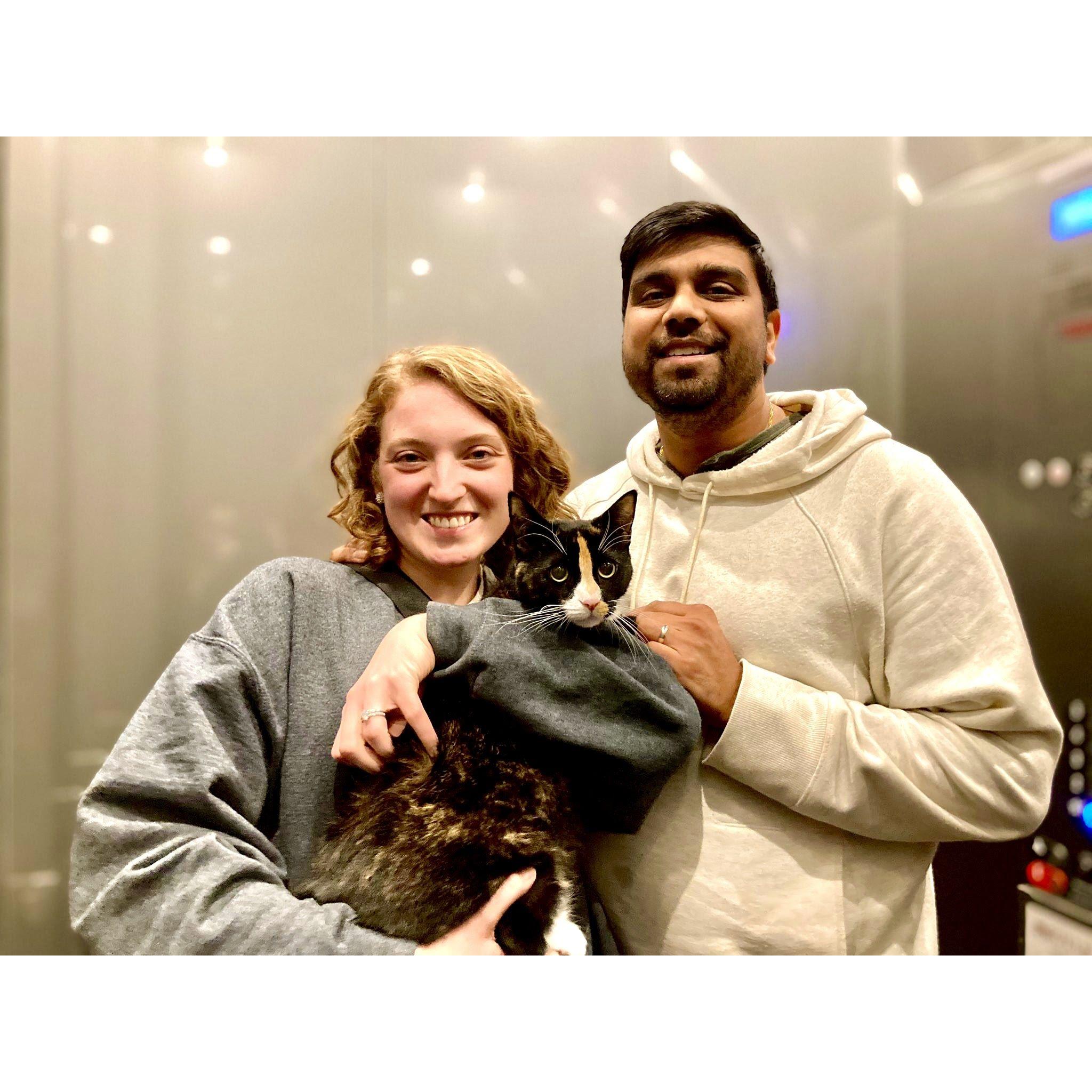 With our cat, Sesame
