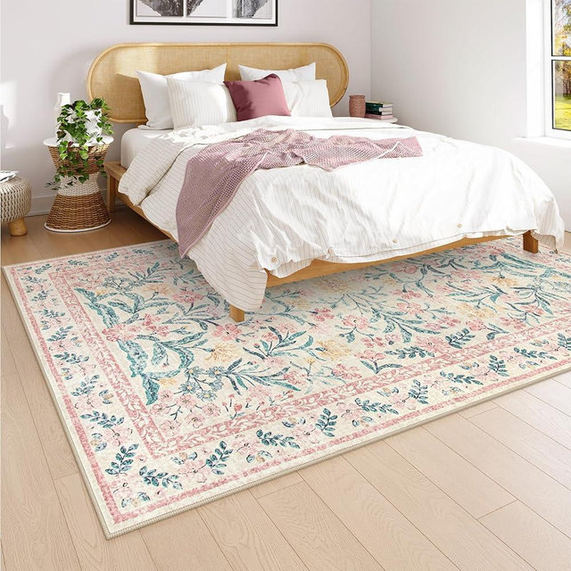 Morebes Floral Pink Rugs for Bedroom Girls, Washable 5x7 Area Rug for Nursery Decor, Indoor Soft Low-Pile Floor Boho Flower Carpet for Kids Playroom Dorm Living Room Dining Room