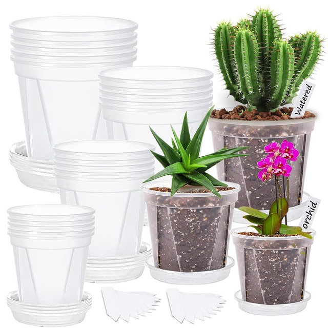 Artuxer 40Pack 4/5/6/7 inch Plastic Clear Nursery Pots with Saucer, 4 Sizes Garden Pots Plant Pots with Drainage Holes for Flower,Herb,Succulent,Plants, 100 pcs Plant Labels,5 Set for Indoor Outdoor