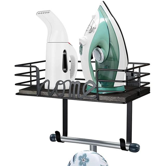 TJ.MOREE Laundry Room Decor-Ironing Board Hanger- Metal Wall Mount Iron and Ironing Board Holder, Laundry Room Organization and Storage with Large Storage Black Wooden Base Basket and Removable Hooks