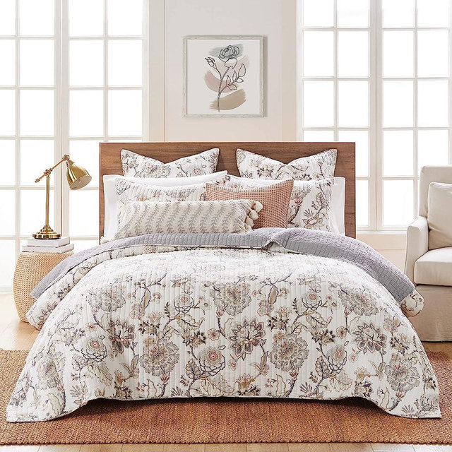 Levtex Home - Ophelia Quilt Set - King Quilt and Two King Shams - Floral - Taupe Grey Cream Blush - Quilt (106x96in.) and Shams (20x36in.) - Reversible - Rayon/Cotton