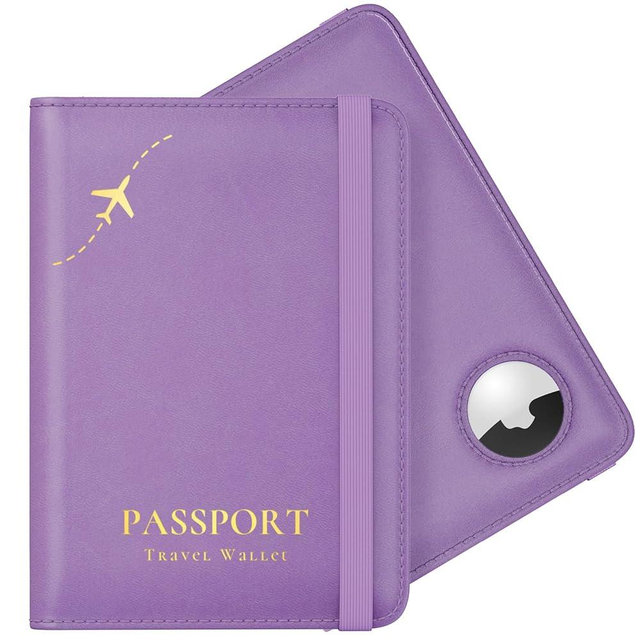Stouchi AirTag Passport Holder, Anti-Lost Passport Holder with Airtag Slot, Passport Wallet Cover with RFID Blocking, Leather Passport Case Travel Accessories for Women, Purple