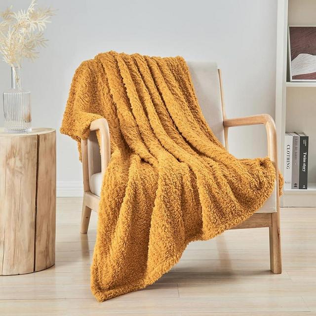 Ultra Soft Cozy Sherpa Throw Blanket, Mustand Yellow Pattern Reversible, Light Weight Warm Decorative Boho Style Throw Blanket Cover for Sofa, Couch, Bedroom,Travel, 50”x60”