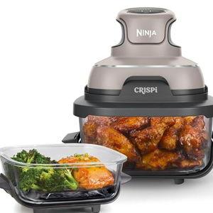 Ninja Crispi 4-in-1 Glass Air Fryer | 450°F | Non-Toxic | 4QT & 6-Cup Glass Containers w/Lids | Microwave, Freezer, Dishwasher Safe | Max Crisp, Air Fry, Bake, Recrisp | Stone | FN101ST