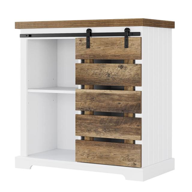 Modern Farmhouse Sliding Barn Door Storage Cabinet, Coffee Bar Cabinet, Floor Buffet Sideboard Entryway Cupboard with Adjustable Shelf for Living Room, Kitchen, Bathroom, Rustic Brown and White