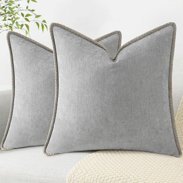 decorUhome Spring Chenille Soft Cozy Throw Pillow Covers 24x24 Set of 2, Modern Farmhouse Boho Velvet Decorative Euro Sham Pillow Cases with Stitched Edge for Couch Sofa Bed Home Decor, Neutral Gray