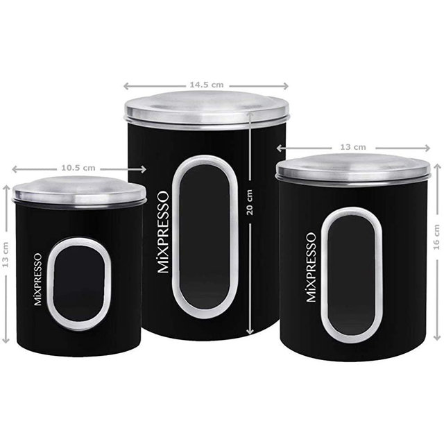 MiXPRESSO 3 Piece Black Canisters Sets For The Kitchen, With See Through Window | Airtight Coffee Container, Tea Organizer, And Sugar Canister