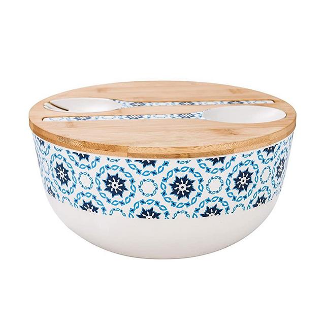 Bamboo Fiber Salad Bowl with Servers Set - Large 9.8 inches mixing bowls Solid Bamboo Salad Wooden Bowl with Bamboo Lid Spoon for Fruits,Salads and Decoration (Blue figure, 9.8INCH)