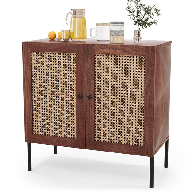 COSTWAY Buffet Cabinet with Storage, Storage Sideboard with Rattan Decorated Doors, Adjustable Shelf, Metal Legs, Accent Cabinet, Buffet Table Credenza for Hallway, Entryway, Living Room (1, Walnut)