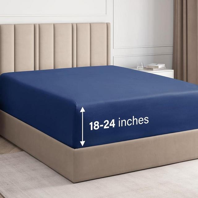 400 Thread Count Cotton - Single Fitted Sheet Only - Extra Deep Pocket - Queen Size Fitted Sheet - Cotton Sheets Queen - Crisp Cotton - Fitted Sheet - Fits Mattress Perfectly (Queen, Navy Blue)